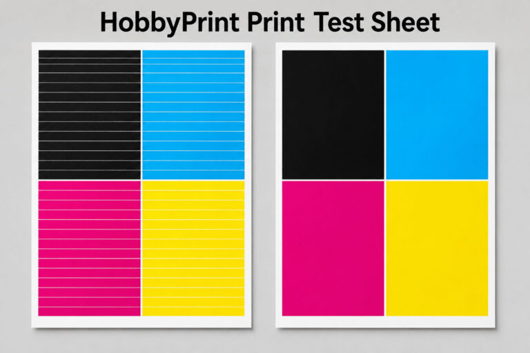 Banded and correctly printed CMYK test sheets shown side by side