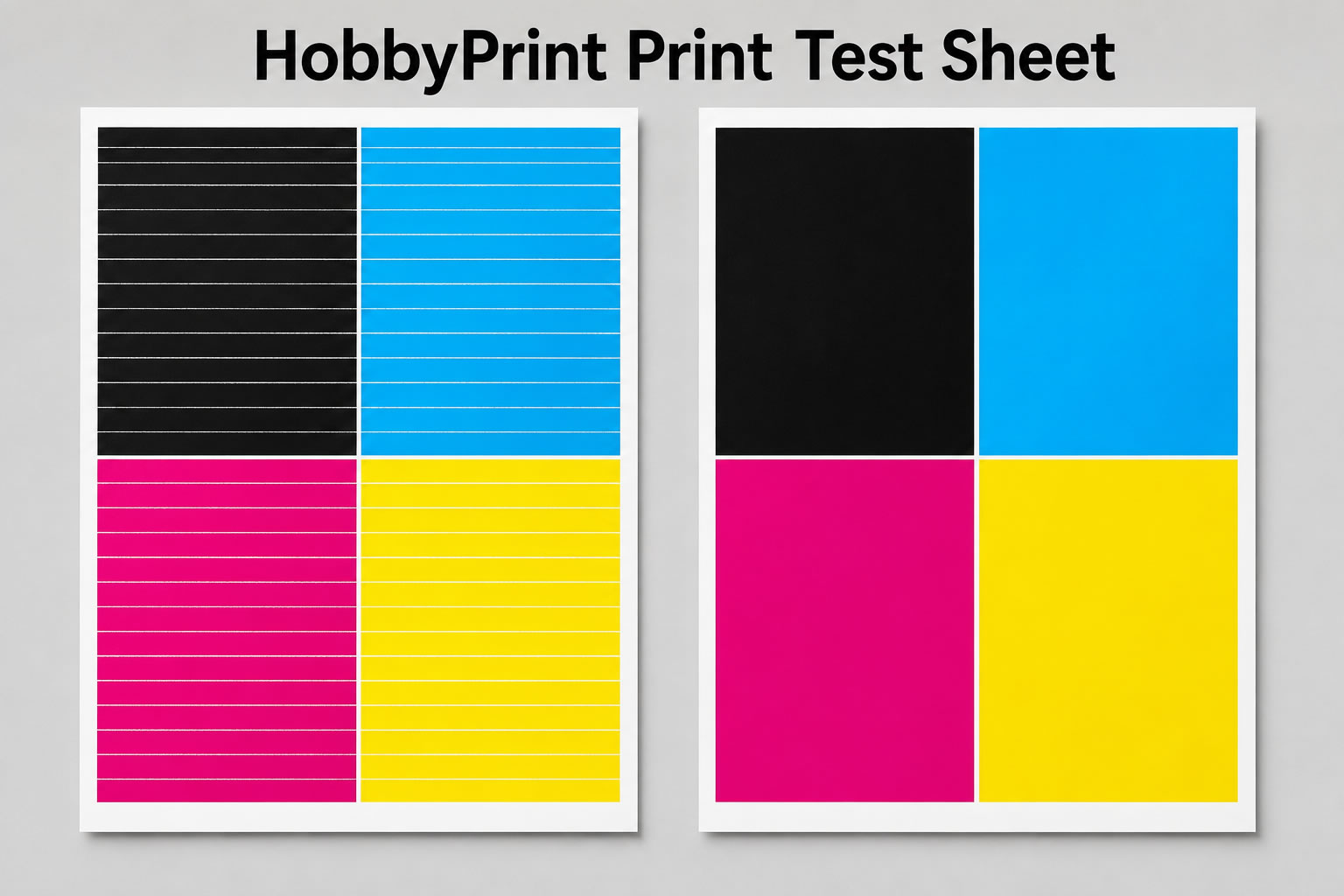 Banded and correctly printed CMYK test sheets shown side by side