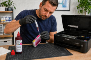 Man refilling an Epson-compatible cartridge with HobbyPrint PhotoPlus magenta sublimation ink beside an Epson WF-2110W printer