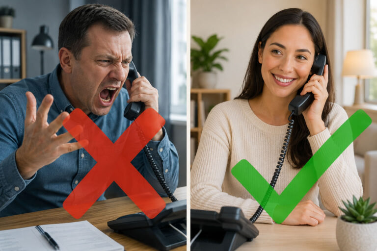 Angry caller marked with a red cross beside a polite, friendly caller marked with a green tick