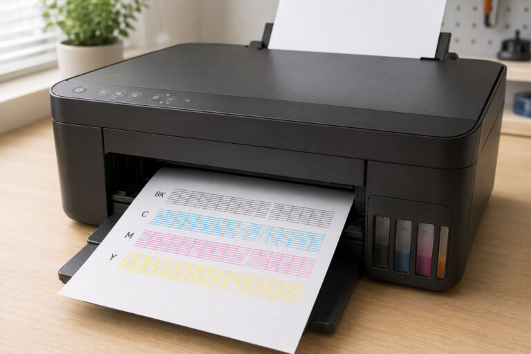 Inkjet printer producing a colour nozzle-check test sheet