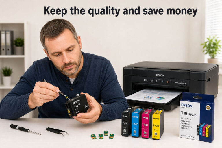 Alt text: Man replacing the chip on an Epson T1631 ink cartridge beside an Epson WF-2110W printer