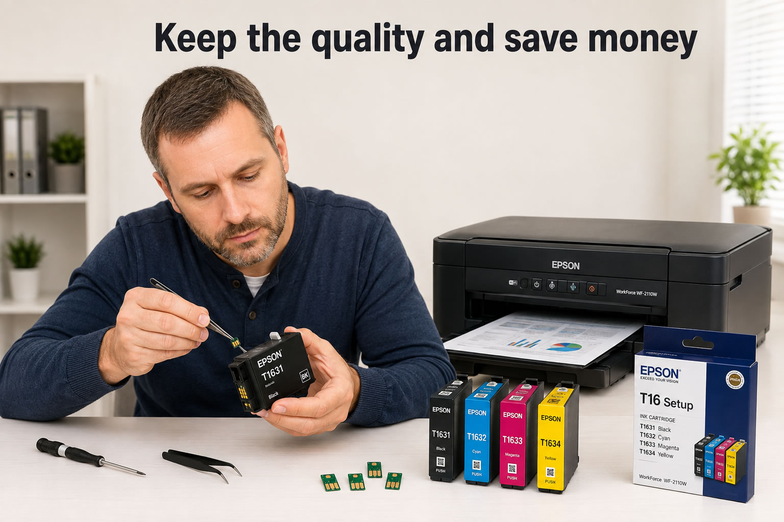Alt text: Man replacing the chip on an Epson T1631 ink cartridge beside an Epson WF-2110W printer