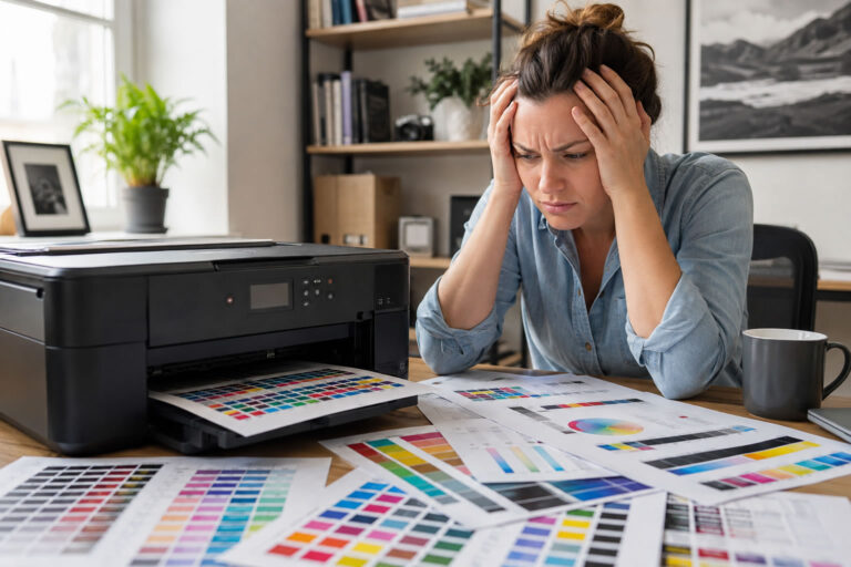 Confused woman beside an Epson printer surrounded by printed colour swatch test pages