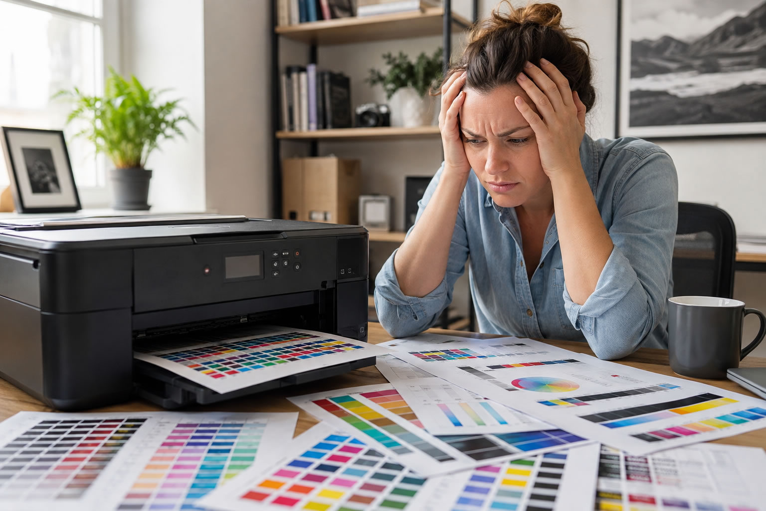 Confused woman beside an Epson printer surrounded by printed colour swatch test pages