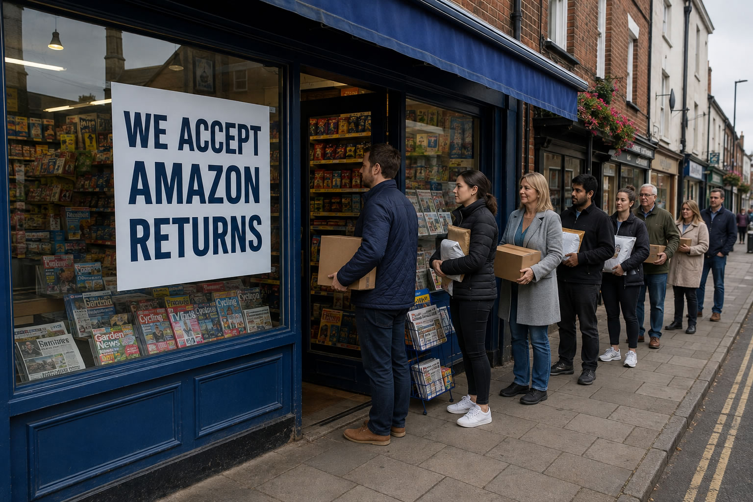 Customers carrying parcels queue outside a newsagent displaying a We Accept Amazon Returns notice