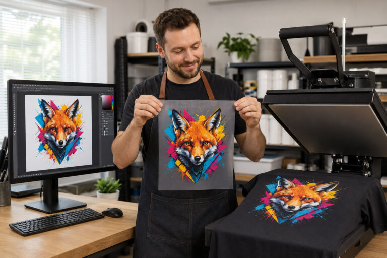 Man holding printed A4 DTF transfer film beside a computer, heat press and matching printed T-shirt