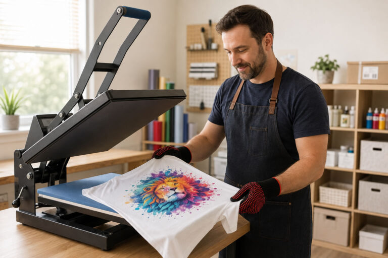 Man lifting a personalised printed T-shirt from an open flatbed sublimation heat press