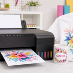 Epson-style inkjet printer with a personalised floral mug and printed T-shirt for sublimation printing