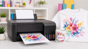 Epson-style inkjet printer with a personalised floral mug and printed T-shirt for sublimation printing