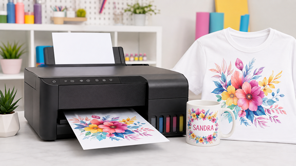 Epson-style inkjet printer with a personalised floral mug and printed T-shirt for sublimation printing