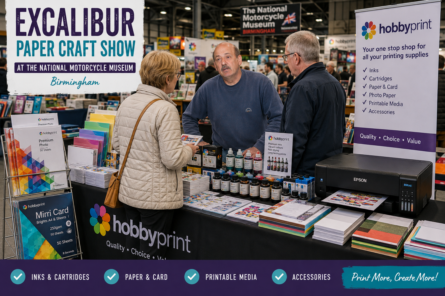 HobbyPrint stall at the Excalibur Paper Craft Show at the National Motorcycle Museum in Birmingham, displaying printers, inks, cartridges, paper and card while talking with customers.