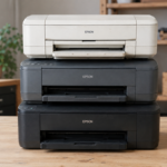 Three older Epson inkjet printers stacked in a workshop, ready to be repurposed for creative printing