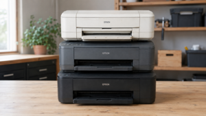 Three older Epson inkjet printers stacked in a workshop, ready to be repurposed for creative printing