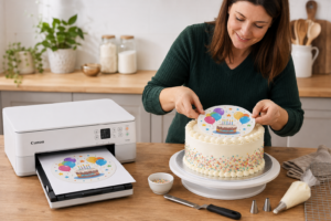Woman applying a personalised edible icing sheet topper to a birthday cake beside a Canon TS705a printer