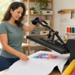 Woman using a heat press to create a colourful dye-sublimation print on a white T-shirt