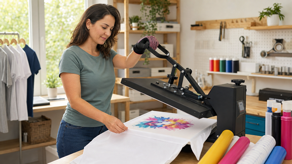 Woman using a heat press to create a colourful dye-sublimation print on a white T-shirt