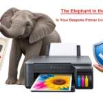 Elephant beside a converted ink-tank printer, illustrating manufacturer warranty loss and specialist supplier support.