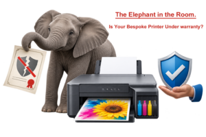 Elephant beside a converted ink-tank printer, illustrating manufacturer warranty loss and specialist supplier support.