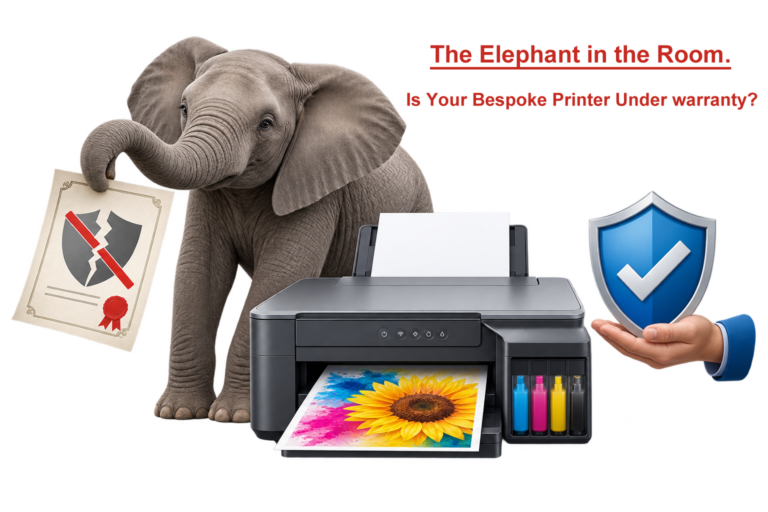 Elephant beside a converted ink-tank printer, illustrating manufacturer warranty loss and specialist supplier support.