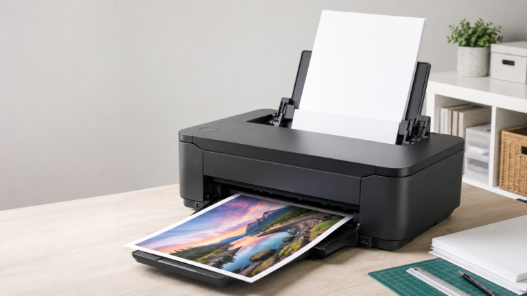 Heavyweight paper being loaded into the rear feed of a desktop inkjet printer