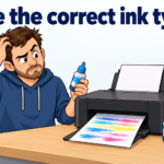 Cartoon of a confused, annoyed man holding an ink bottle beside a printer producing streaky colours, with the message “Use the correct ink type”.
