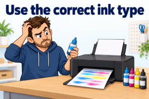 Cartoon of a confused, annoyed man holding an ink bottle beside a printer producing streaky colours, with the message “Use the correct ink type”.