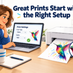 Illustration of a customer selecting Matte paper and High quality on a laptop beside a printer producing a colourful hummingbird image.
