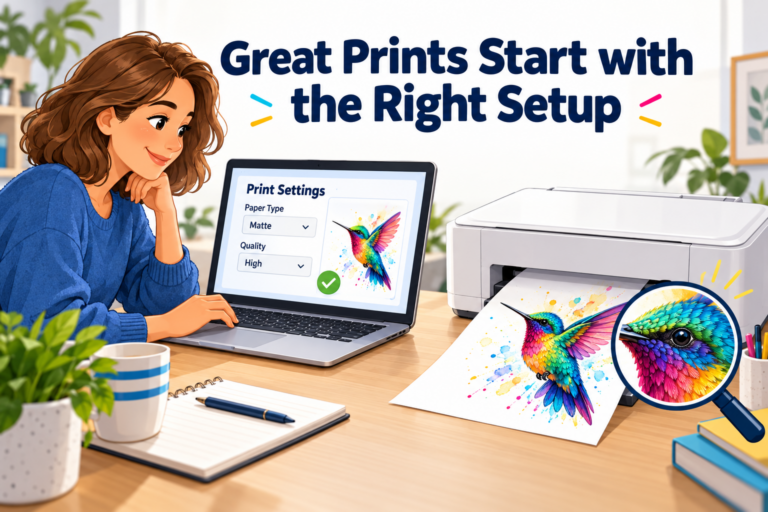 Illustration of a customer selecting Matte paper and High quality on a laptop beside a printer producing a colourful hummingbird image.