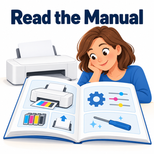 Customer reading a printer manual showing setup, settings and maintenance illustrations.