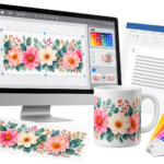 Graphics software showing a sublimation mug design, with a printed transfer and finished mug, illustrating better software choices than a word processor for image printing.