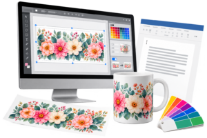 Graphics software showing a sublimation mug design, with a printed transfer and finished mug, illustrating better software choices than a word processor for image printing.