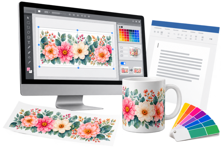 Graphics software showing a sublimation mug design, with a printed transfer and finished mug, illustrating better software choices than a word processor for image printing.