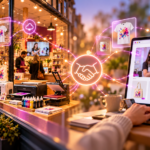 High street shop window connected to an online store, showing printers, craft products and a handshake symbol between physical retail and e-commerce.