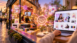 High street shop window connected to an online store, showing printers, craft products and a handshake symbol between physical retail and e-commerce.