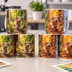 Two stacks of sublimation mugs showing different colour results from heat, time and pressure testing.