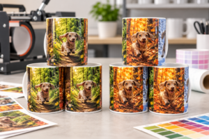 Two stacks of sublimation mugs showing different colour results from heat, time and pressure testing.