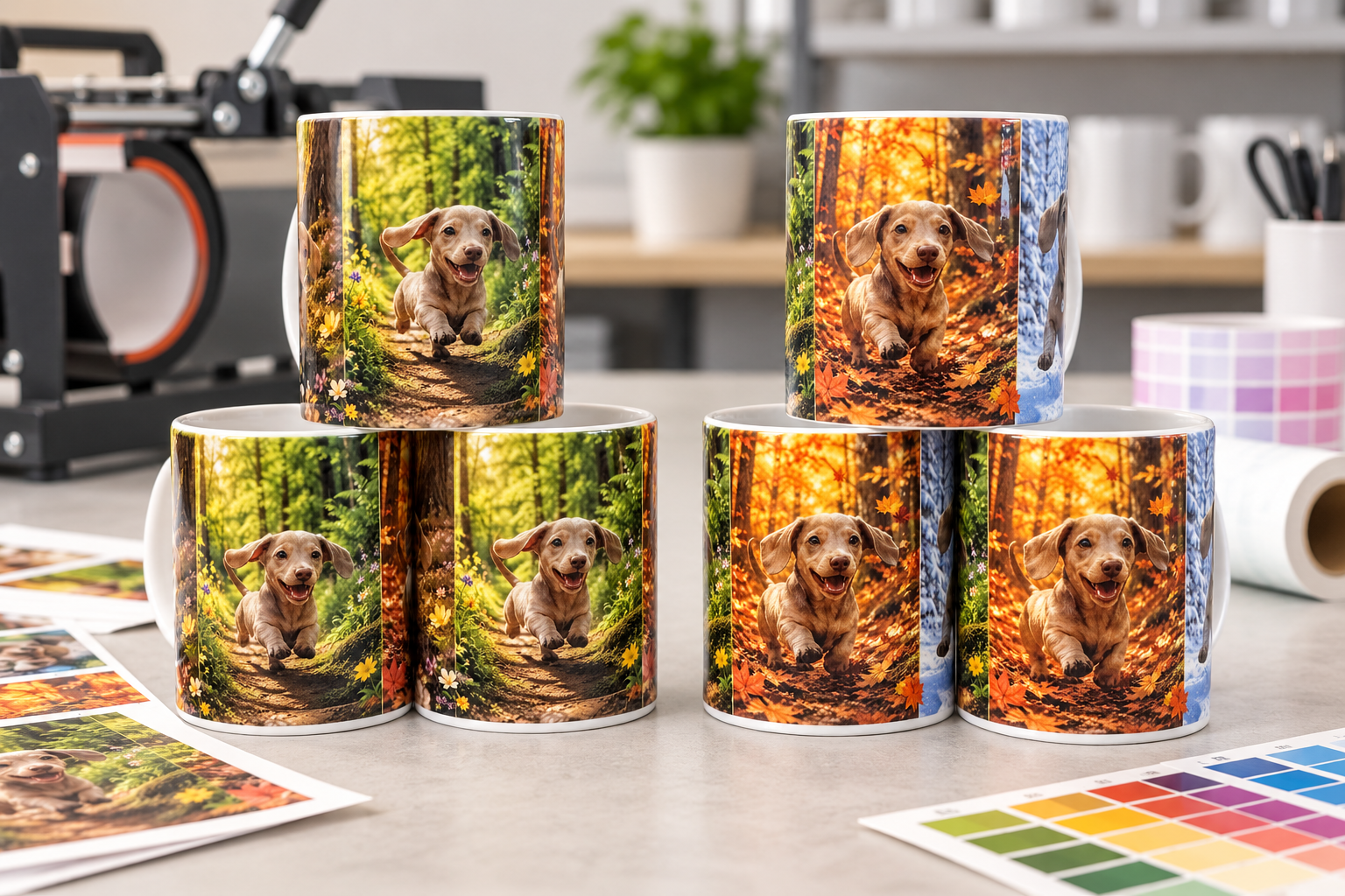 Two stacks of sublimation mugs showing different colour results from heat, time and pressure testing.