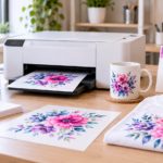 A sublimation printer with ink, transfer paper, a mug and T-shirt beside a Try Before You Buy card.
