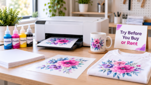 A sublimation printer with ink, transfer paper, a mug and T-shirt beside a Try Before You Buy card.